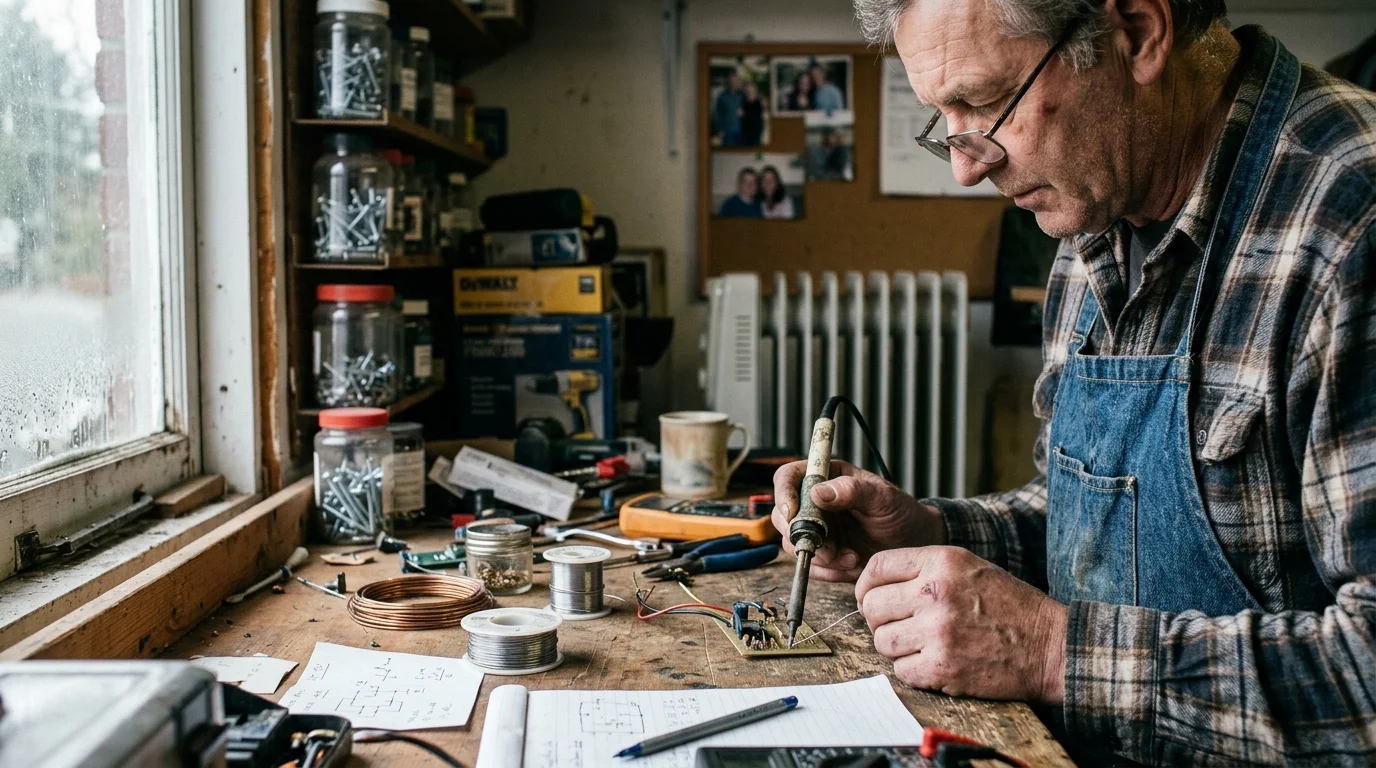 A man wearing glasses and a denim apron solders a circuit board on a workbench in a workshop.