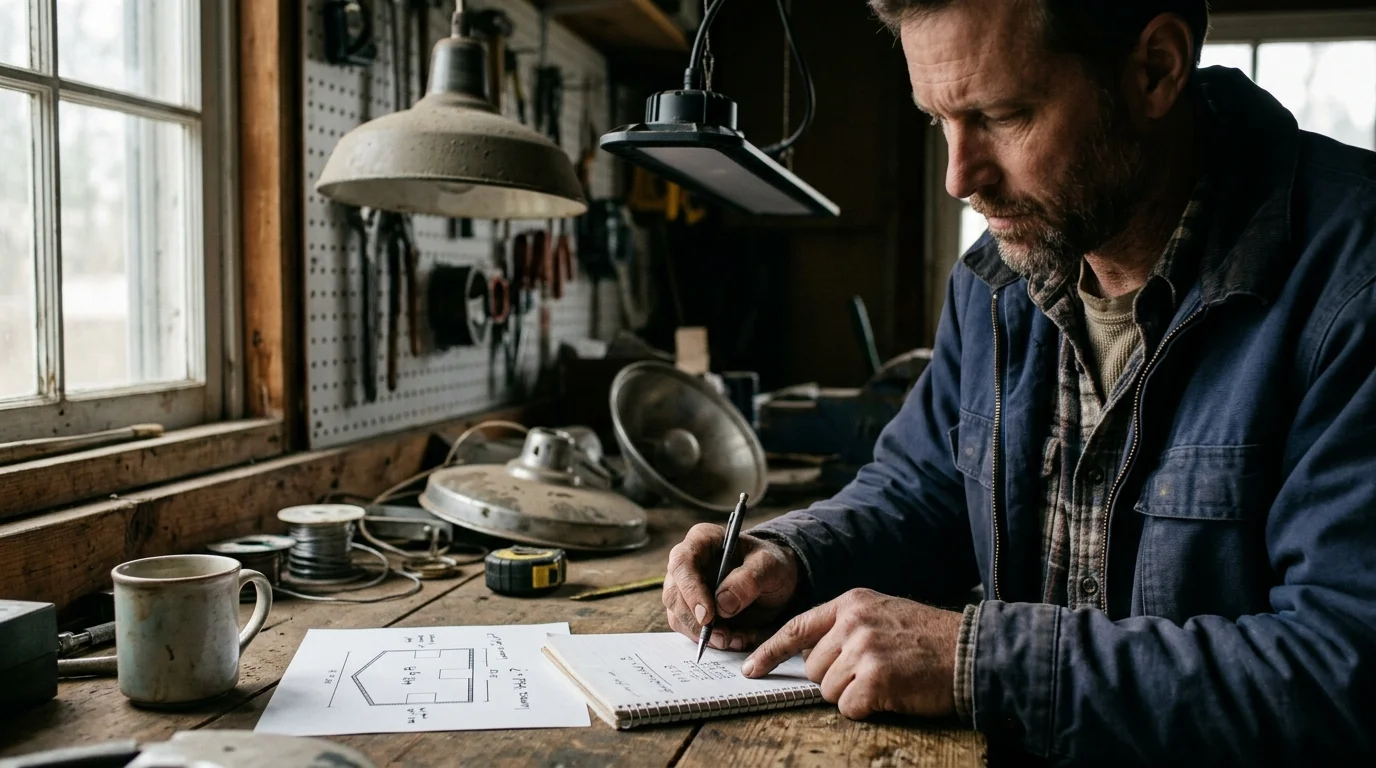 A man sitting at a rustic workshop bench sketching plans and writing calculations in a notebook beneath hanging shop lights.