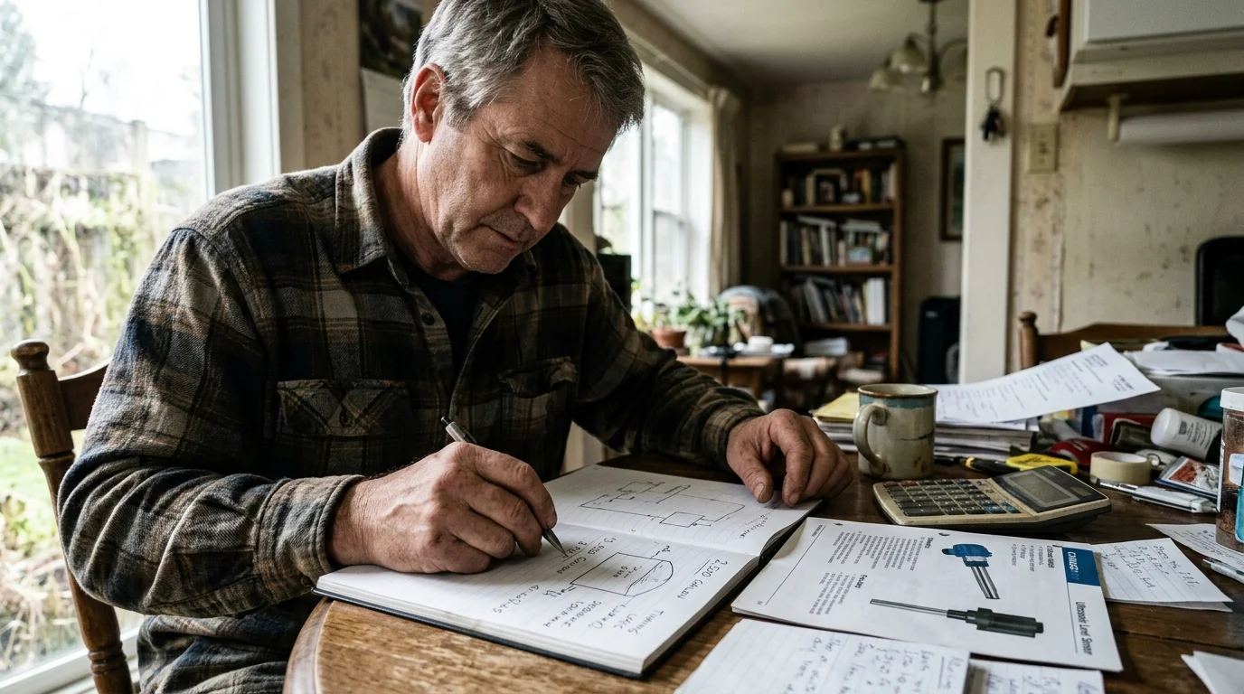 A man sitting at a wooden dining table writes calculations and diagrams in a notebook beside sensor specification sheets.
