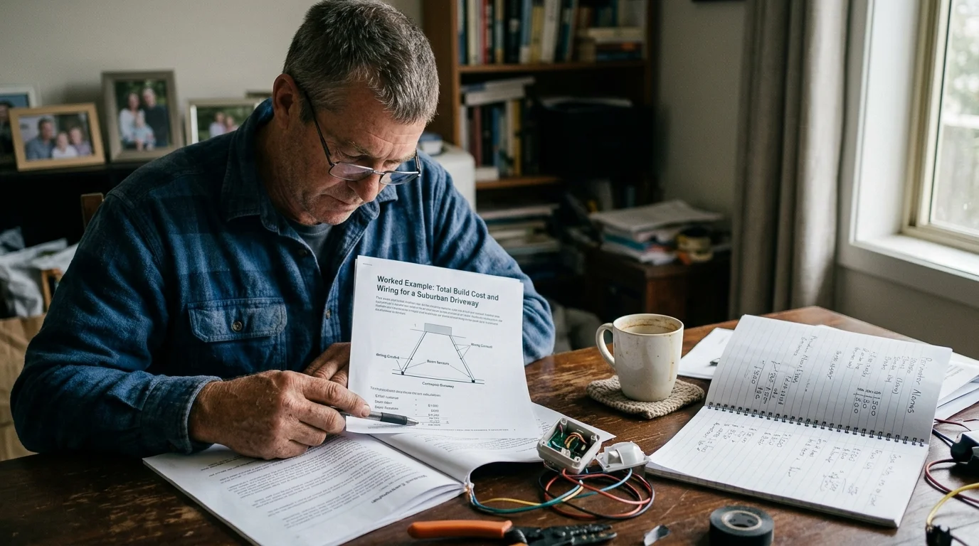 A man wearing glasses sits at a desk reviewing a printed diagram, wiring components, tools, and a handwritten notebook.