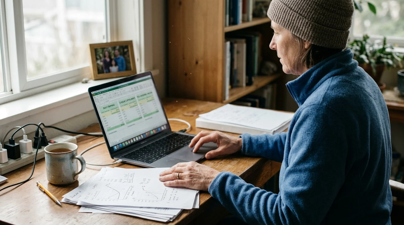 Person in a knit beanie and fleece sitting at a wooden desk typing on a laptop displaying a spreadsheet.