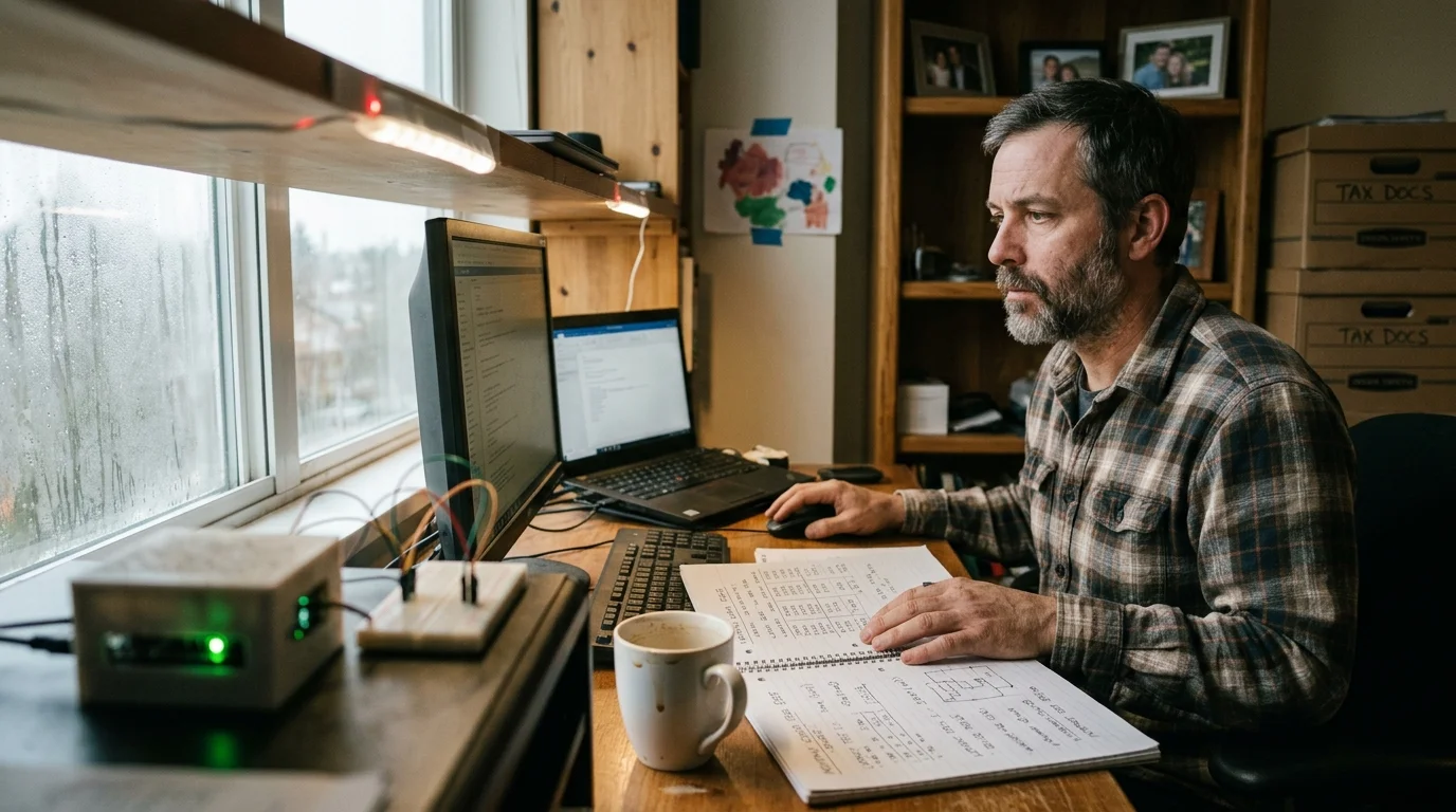 A man sits at a wooden home office desk working on a computer near DIY electronics and a notebook.
