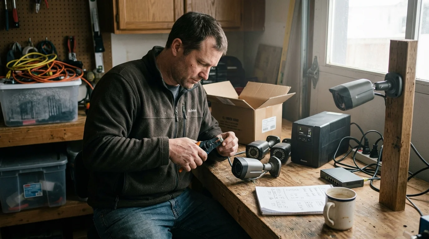 A man strips a cable at a workshop bench surrounded by security cameras, a network switch, and a black UPS unit.