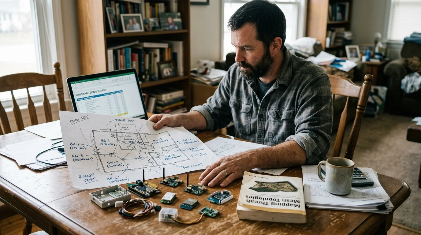 A man at a wooden table examines a floor plan blueprint surrounded by microcontrollers, a laptop, and a book.