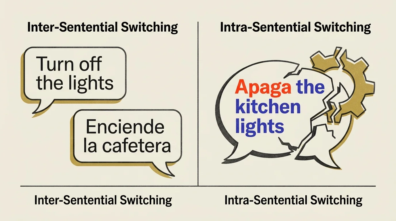 Diagram comparing two speech bubbles for inter-sentential switching to a cracked speech bubble and broken gear.