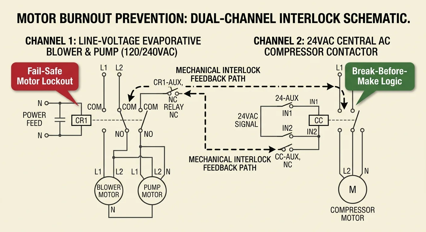 Dual-channel interlock schematic for evaporative blower and compressor motors with fail-safe lockout feedback paths.