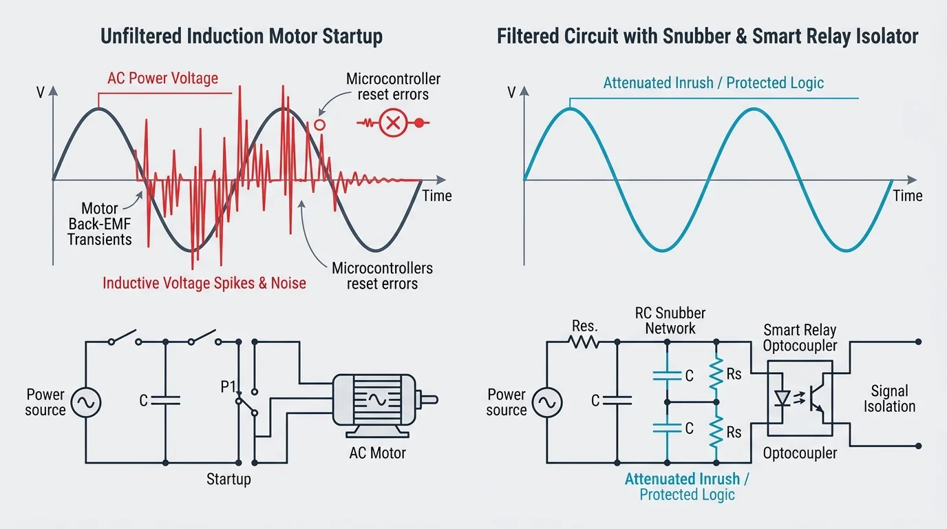 Circuit diagrams and waveforms comparing an unfiltered noisy motor startup to a filtered circuit with an RC snubber.
