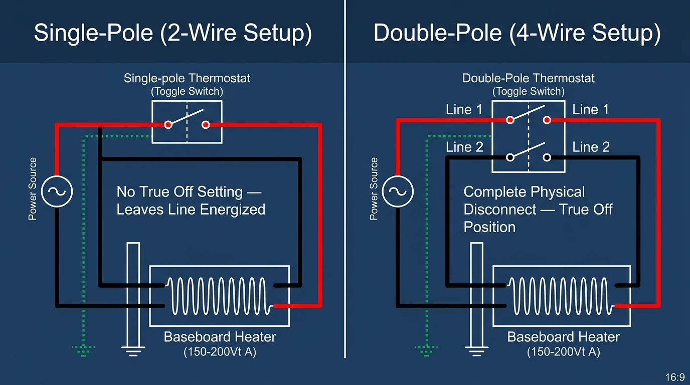 Wiring diagrams contrasting single-pole two-wire thermostat circuits with double-pole four-wire setups for baseboard heaters.