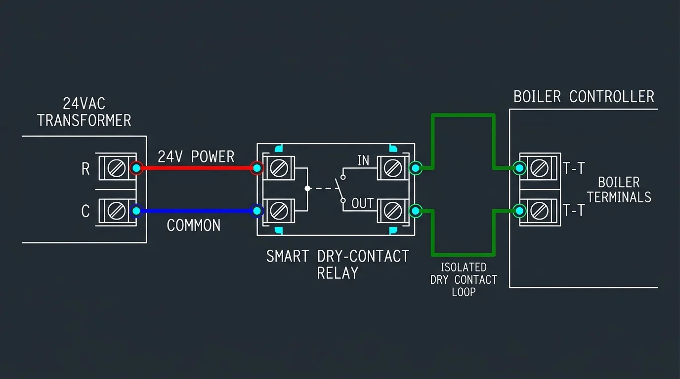 Wiring diagram connecting a 24VAC transformer and smart dry-contact relay to isolated T-T boiler controller terminals.