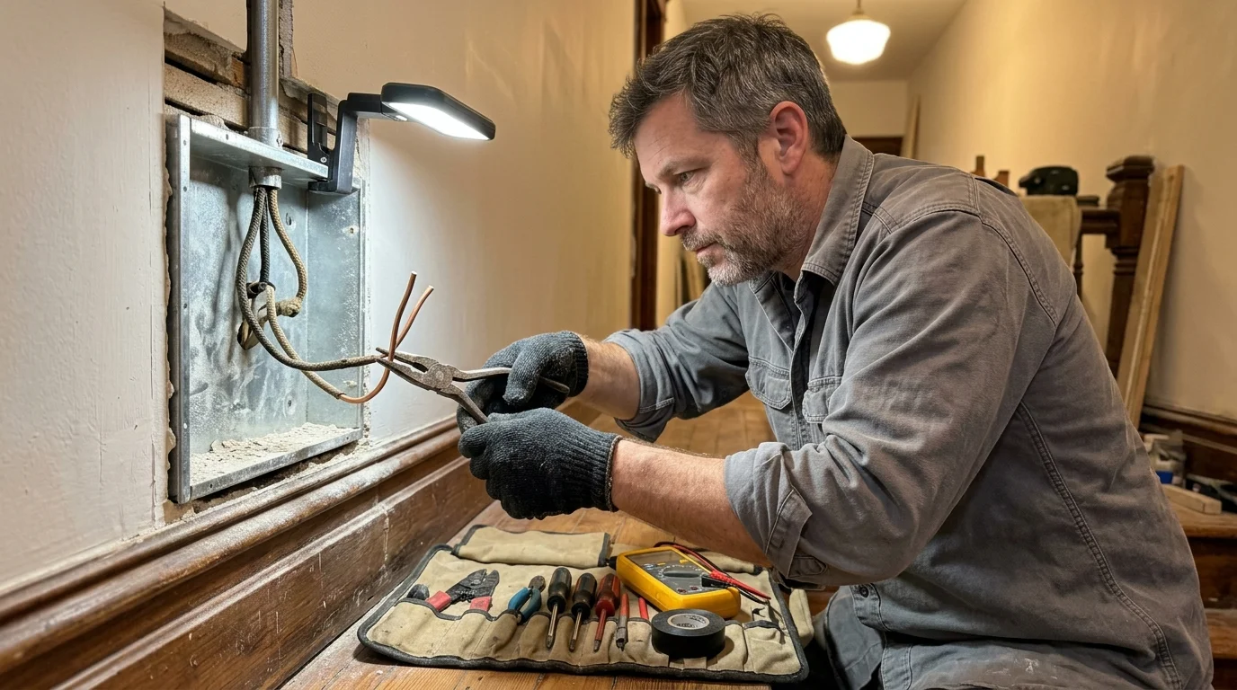 Electrician holding pliers to wires extending from a metal wall junction box, with tools laid out on a cloth roll.