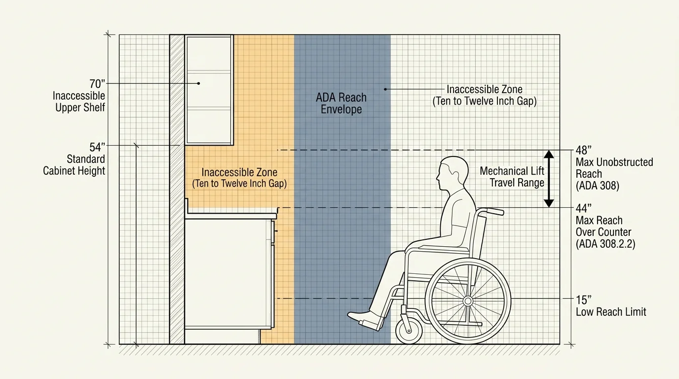 Diagram of a wheelchair user before a kitchen counter showing reach ranges and standard cabinet heights.