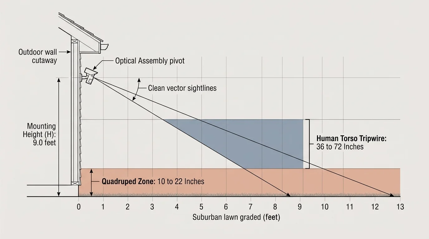 Diagram of a wall-mounted sensor projecting sightlines over colored zones for quadrupeds and human torsos across a lawn grid.