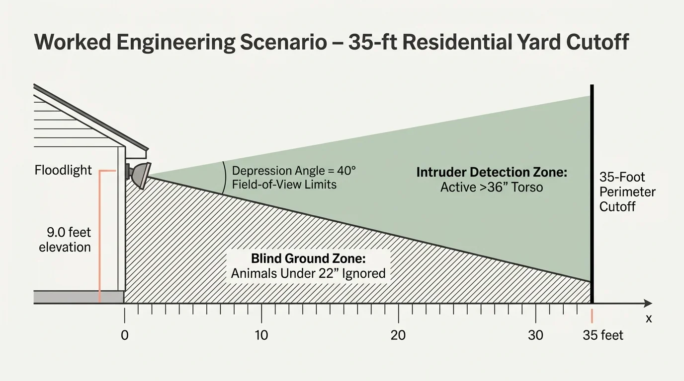 Diagram of a floodlight sensor beam showing a blind ground zone and intruder detection zone out to a 35-foot perimeter.