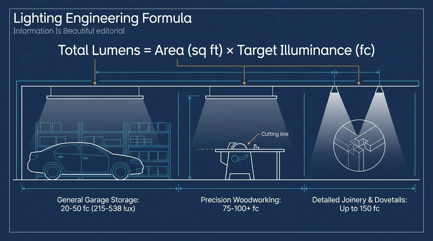Diagram illustrating a lighting formula and target foot-candle zones for garage storage, woodworking, and fine joinery.
