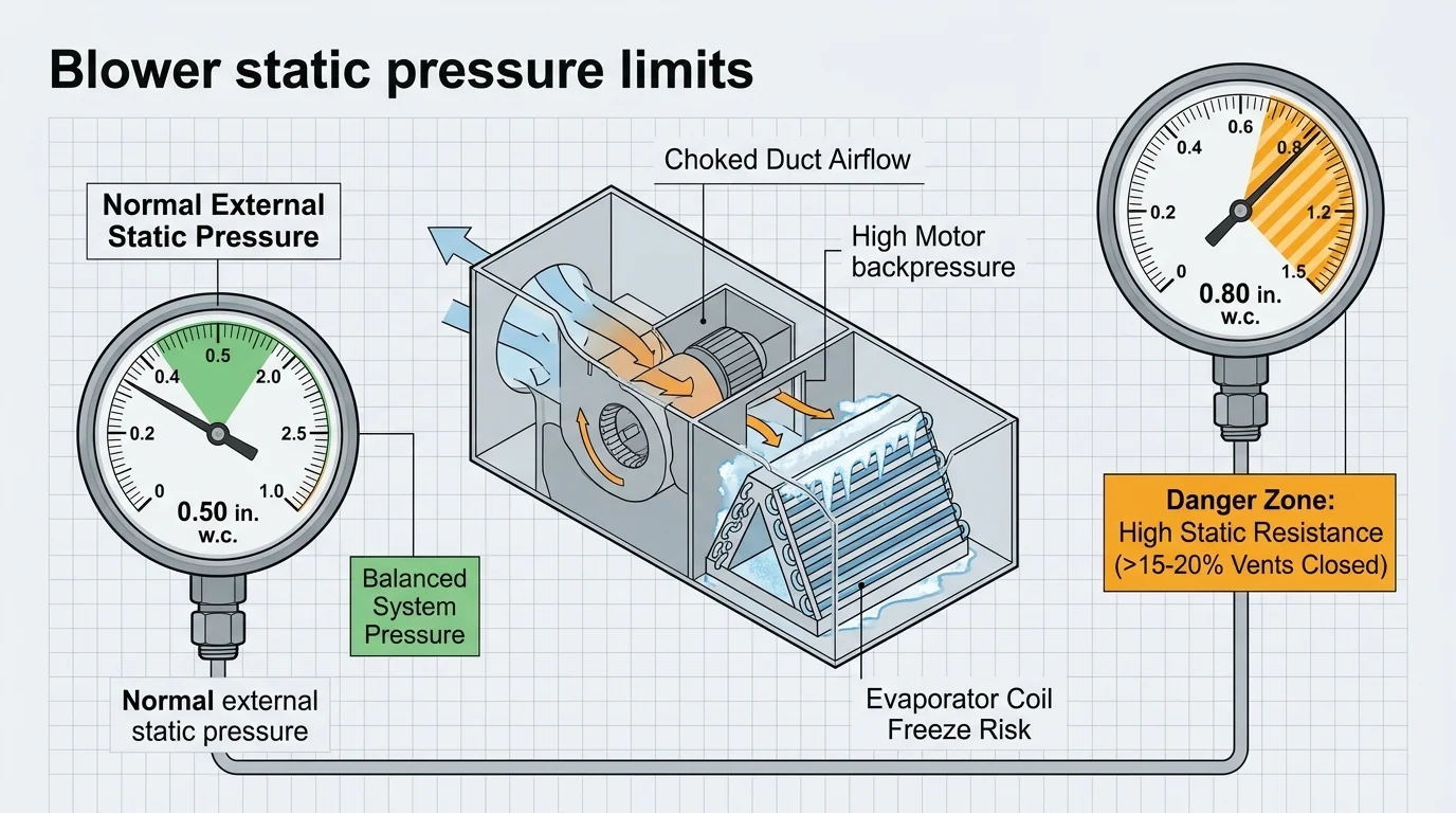 Diagram comparing 0.50 in. w.c. normal pressure and 0.80 in. w.c. high pressure gauges wired to an HVAC blower unit.