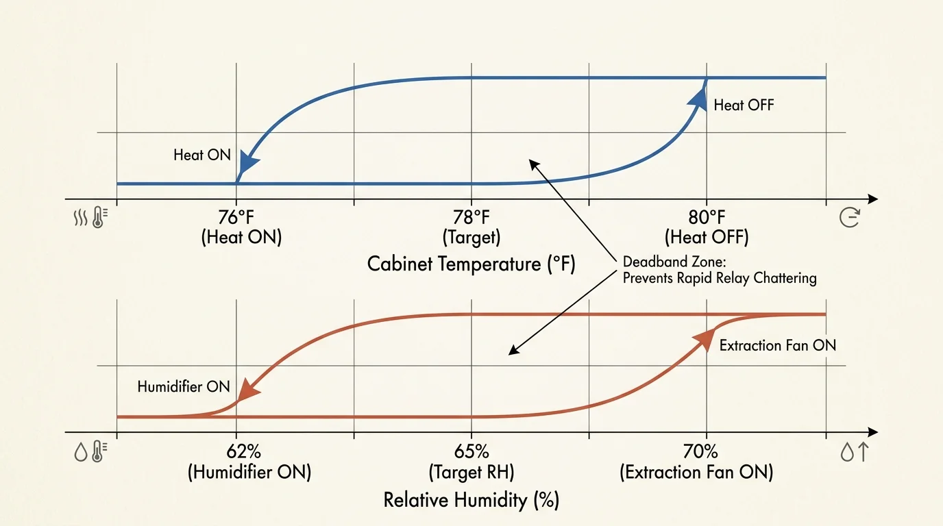 Hysteresis loops for cabinet temperature and relative humidity showing deadband zones around 78°F and 65% RH targets.