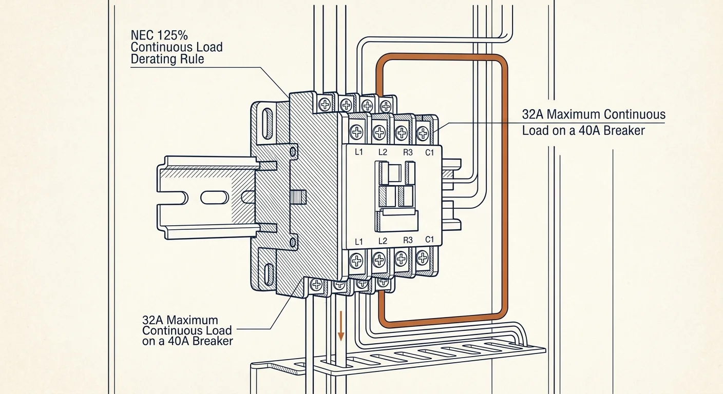 Diagram of an electrical contactor mounted on a DIN rail with wiring and continuous load rule callouts.
