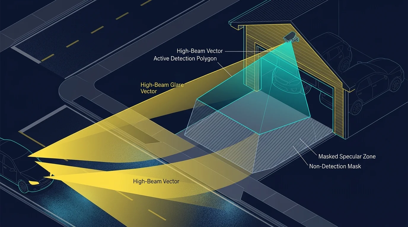 Diagram showing a security camera's active detection polygon and masked zones on a driveway with car headlight glare vectors.