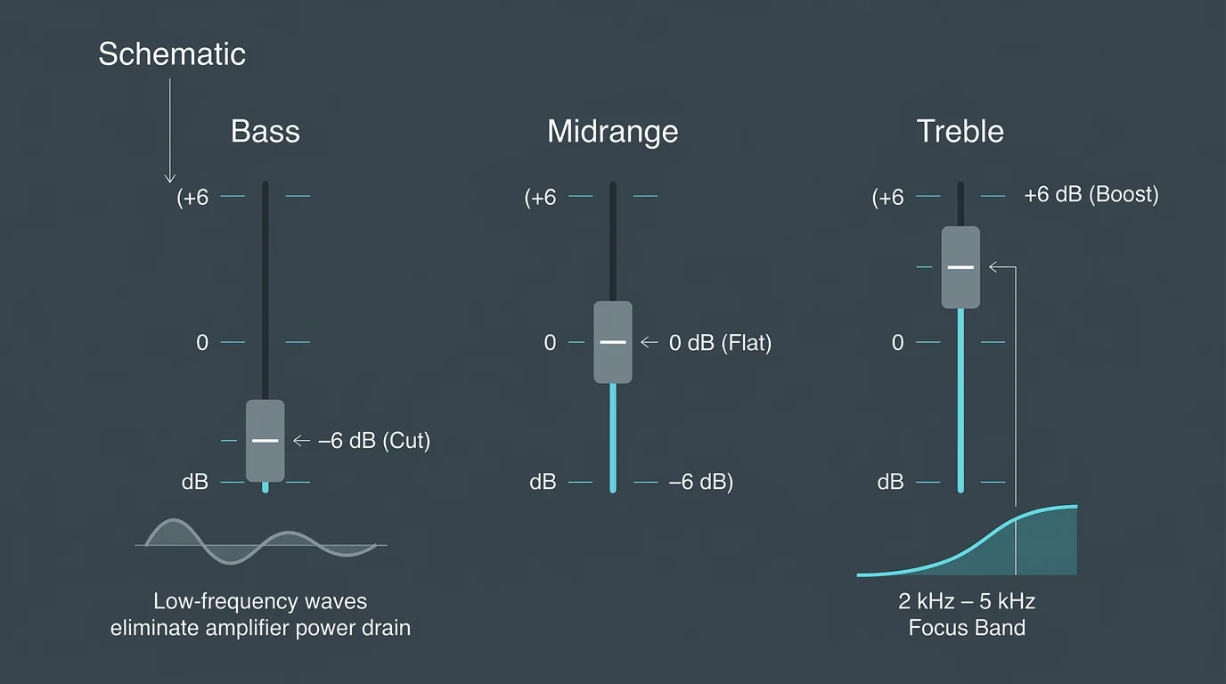 Equalizer schematic showing Bass slider set to -6 dB, Midrange set to 0 dB, and Treble boosted to +6 dB.
