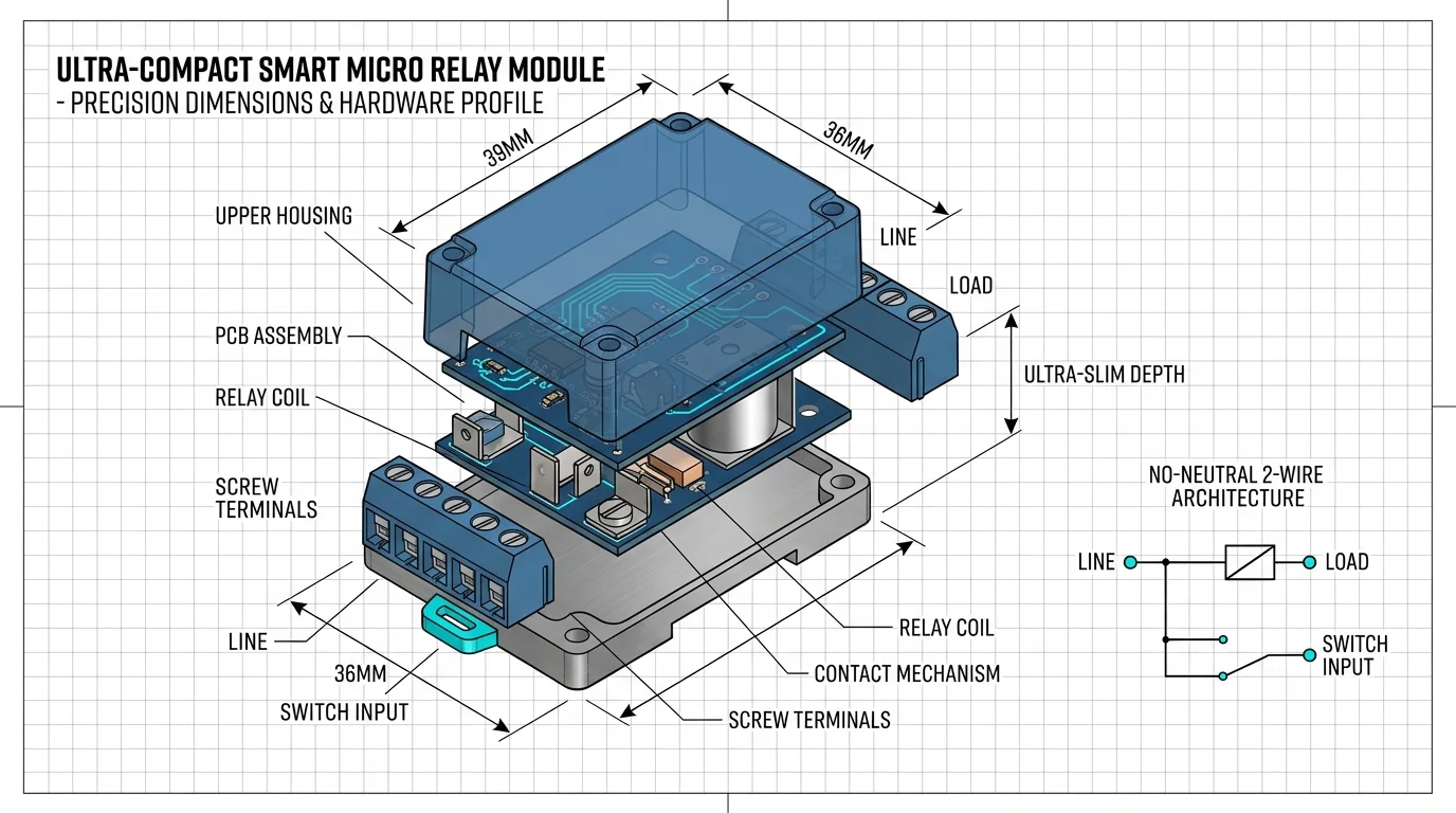 Exploded technical diagram of a smart micro relay module with dimensions, internal PCB components, and a wiring schematic.