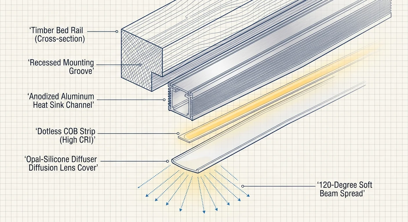 Diagram showing an exploded cross-section of a bed rail with an aluminum channel, COB strip, and diffuser lens cover.
