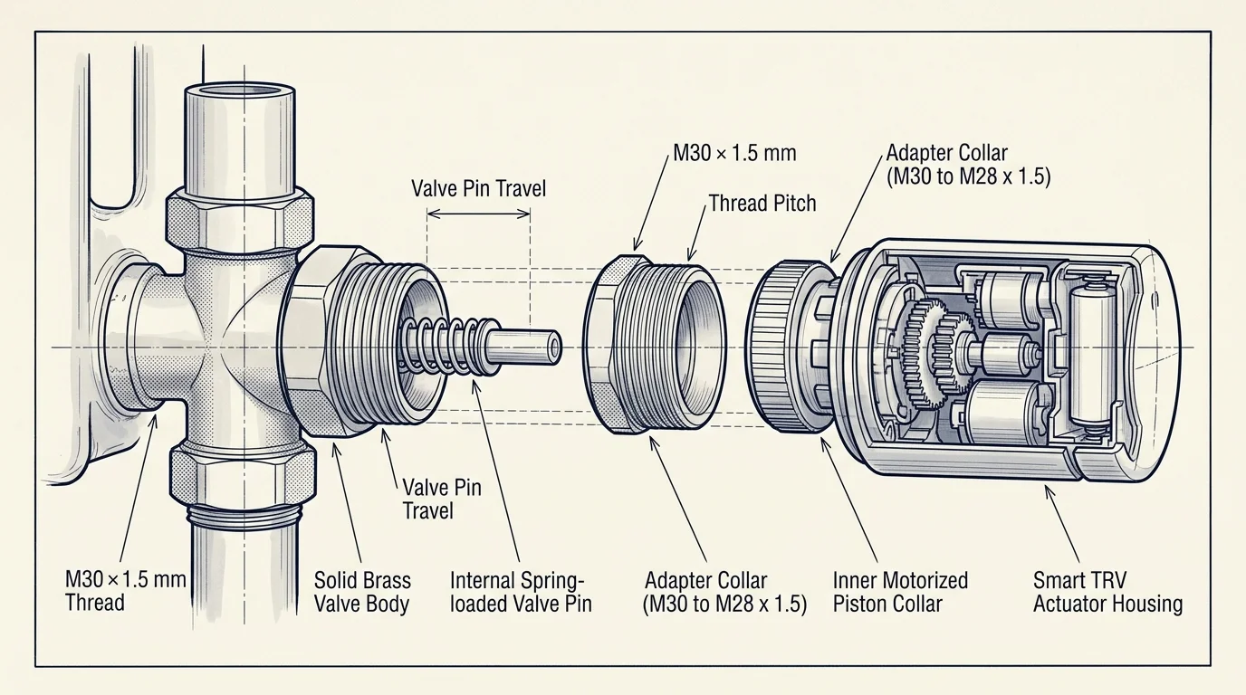 Exploded technical diagram of a smart TRV actuator, adapter collar, and brass valve body with spring-loaded pin.