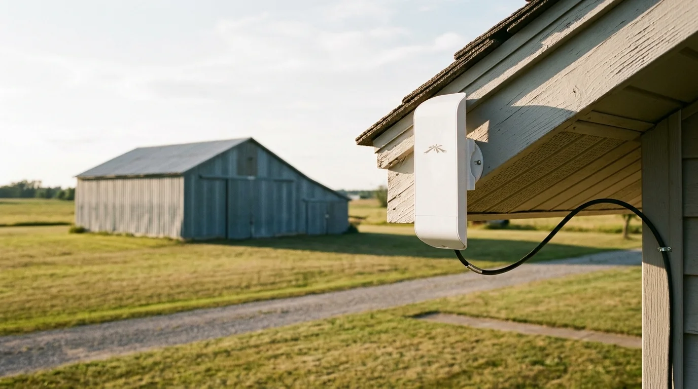 White directional wireless bridge mounted under a roof eave, aimed across a lawn toward a distant metal barn.
