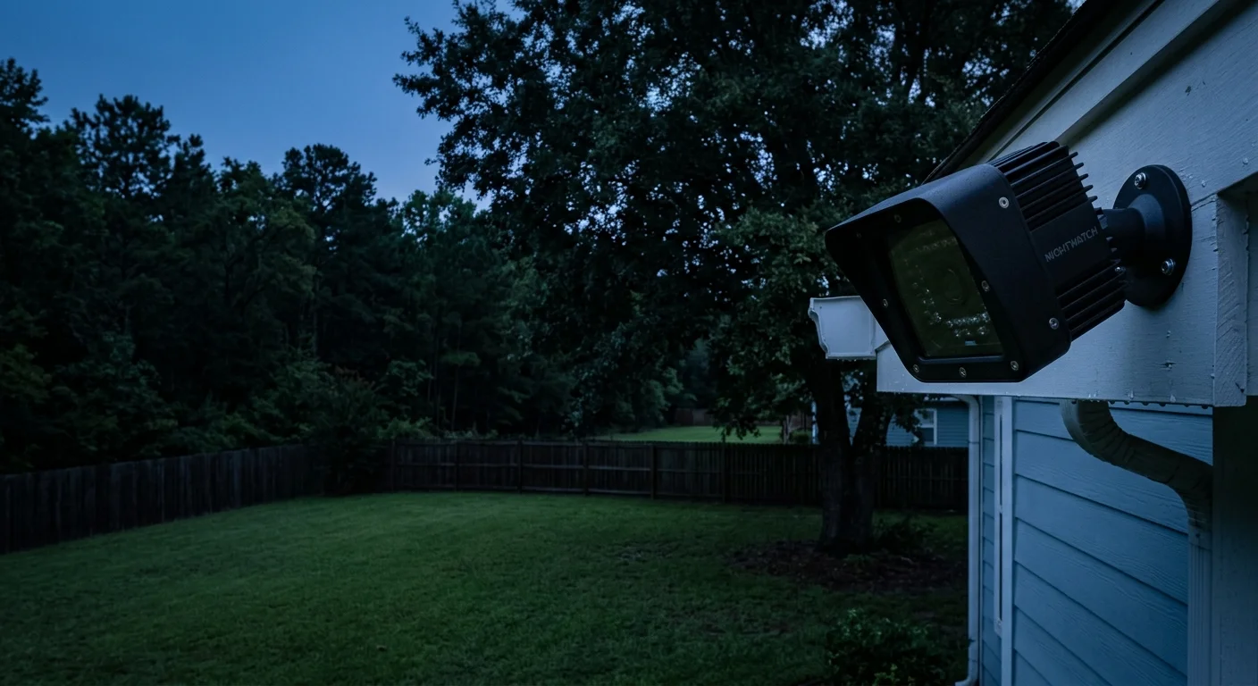 Black spotlight mounted under house eaves overlooking a dark backyard with a wooden fence and dense trees at dusk.