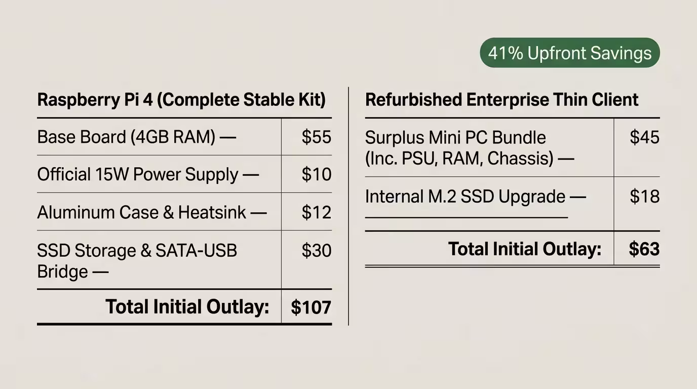 Cost comparison table between a Raspberry Pi 4 kit at $107 and a refurbished enterprise thin client at $63.