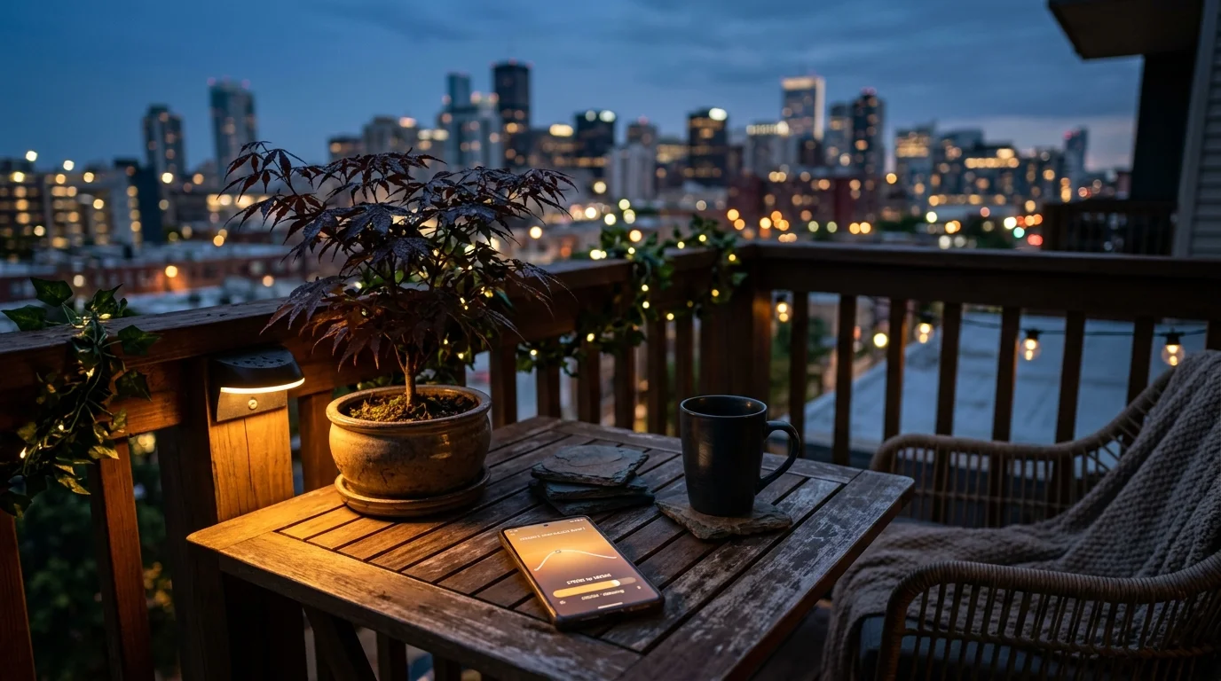 Balcony table with a potted plant, phone, and warm deck lights overlooking an evening city skyline at twilight.