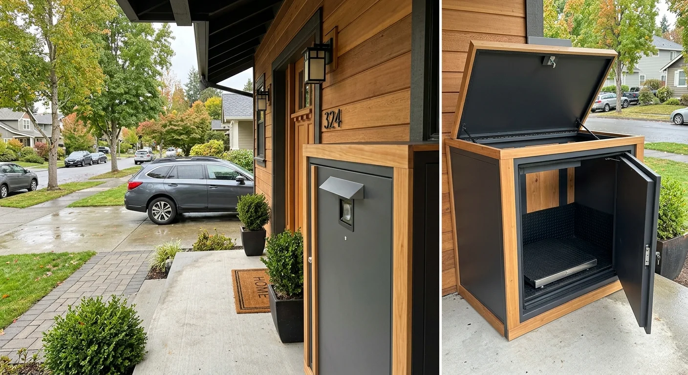 Split view of a modern wood-trimmed porch delivery box shown closed next to a front door and fully opened with an internal scale.