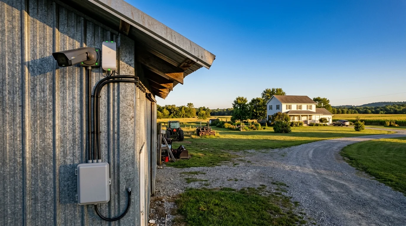 Security camera, wireless bridge, and enclosure mounted to corrugated metal siding of a barn facing a house across a lawn.