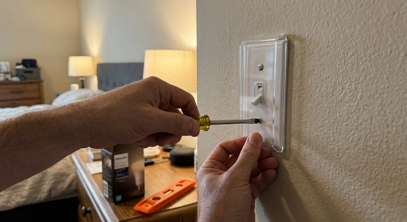 A person using a flathead screwdriver to install a clear plastic guard over a white light switch on a wall.
