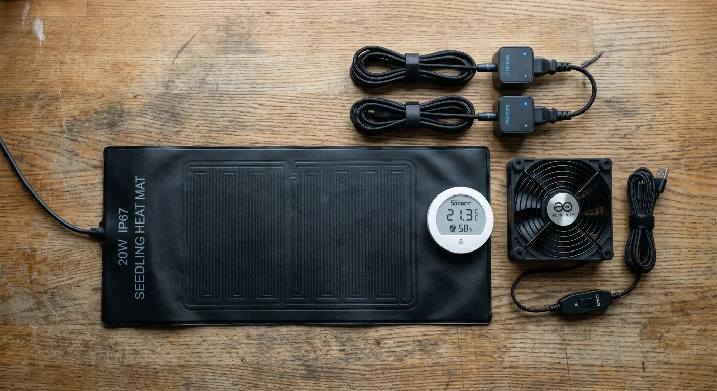 A seedling heat mat, digital hygrometer thermometer, USB cooling fan, and power adapters laid out on a wooden surface.