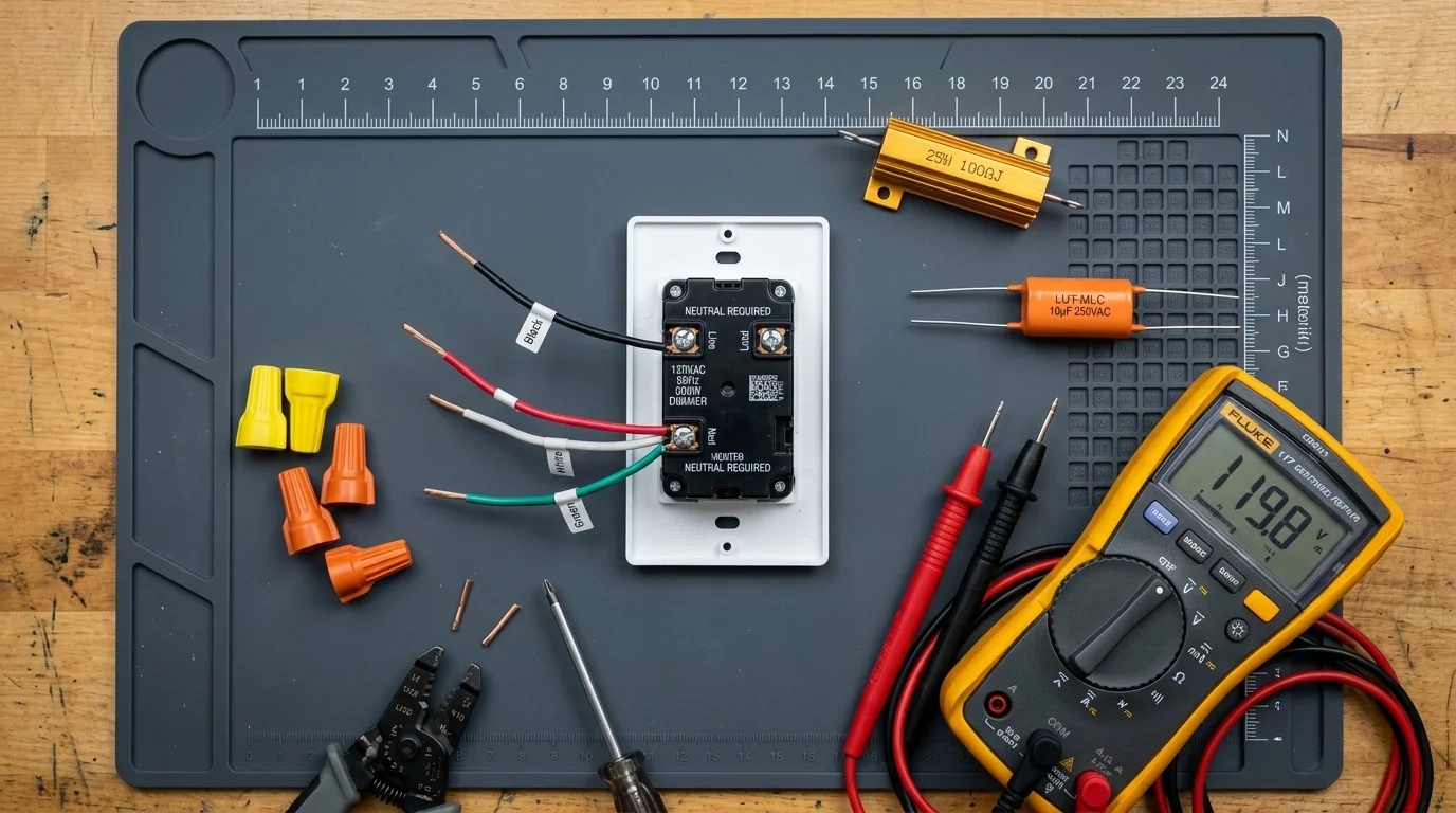 Overhead view of a smart dimmer switch, digital multimeter, wire nuts, wire strippers, and bypass components on a work mat.