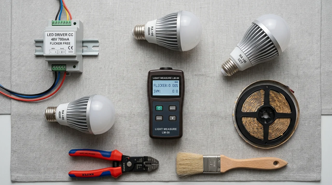 Top-down view of an LED driver, light bulbs, a light flicker meter, LED strip spool, pliers, and a brush on fabric.