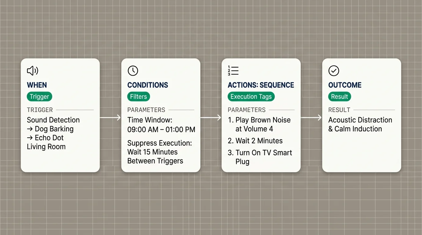 Four-step diagram showing When trigger, Conditions filters, Actions sequence execution tags, and an Outcome result card.