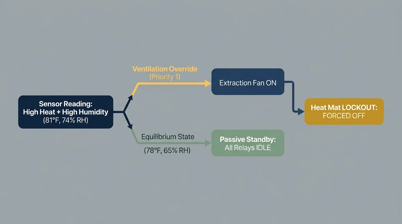 Flowchart diagram showing sensor reading logic branching to extraction fan override, heat mat lockout, and passive standby.