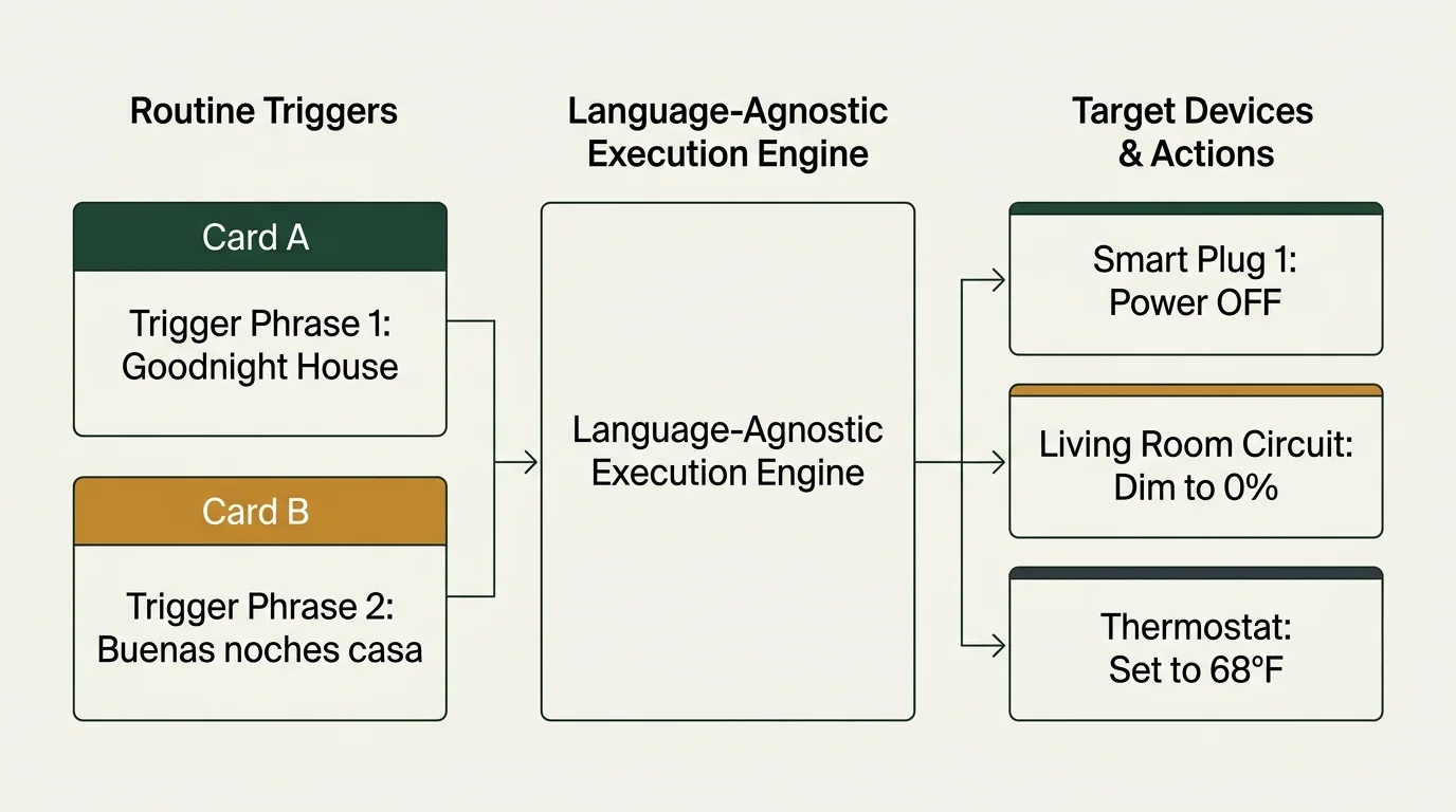 Diagram showing two language trigger phrases routing through an execution engine to activate smart plugs, lights, and a thermostat.