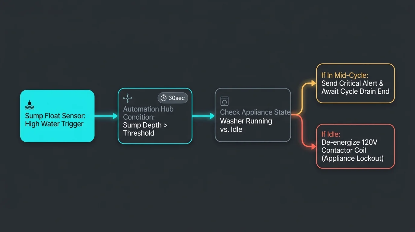 Flowchart tracing a sump float trigger to an automation hub, washer state check, and mid-cycle or idle outcomes.
