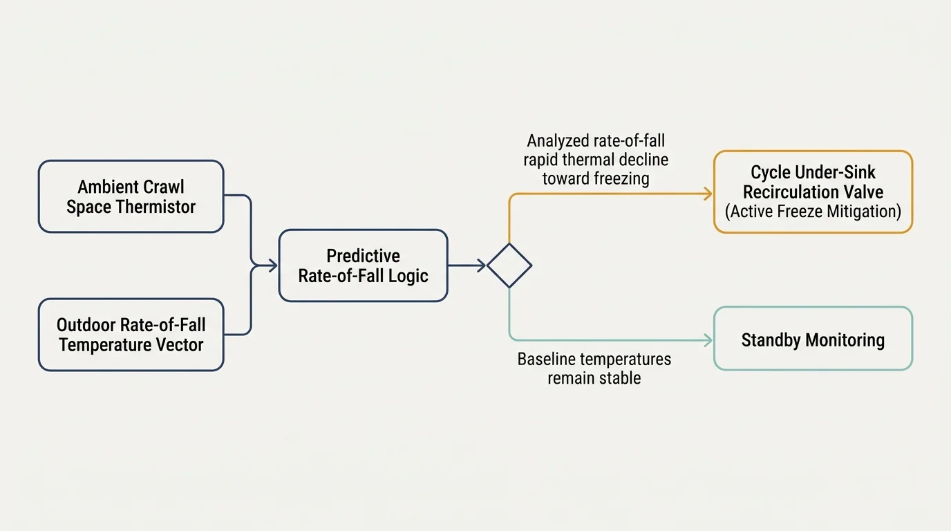 Flowchart diagram tracing thermistor inputs through predictive rate-of-fall logic to valve cycling or standby monitoring.