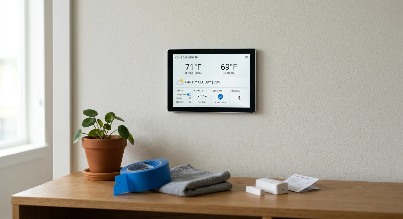 A smart home dashboard mounted on a white wall above a wooden table with painter's tape, a cloth, and sensors.