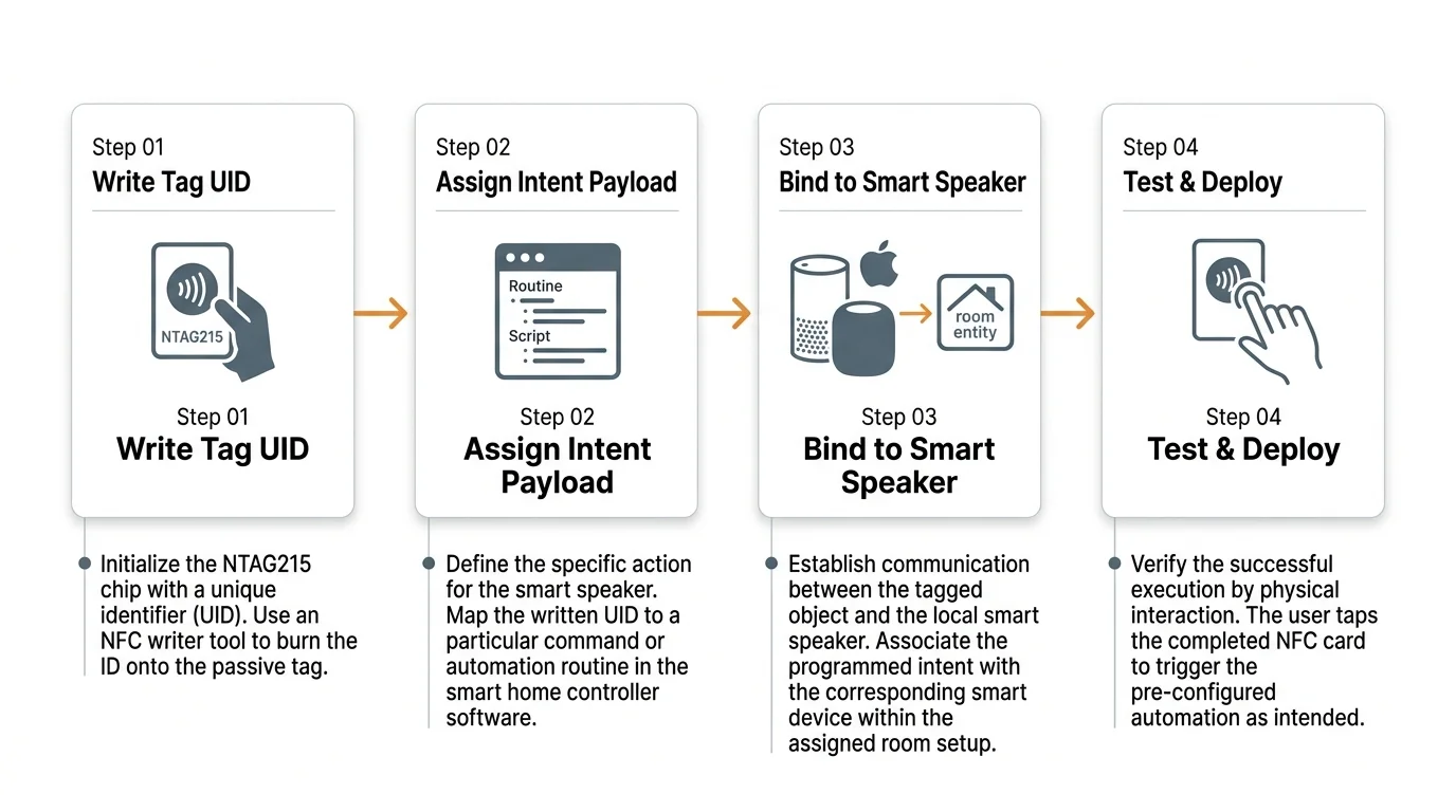 Four-step diagram showing write tag UID, assign intent payload, bind to smart speaker, and test and deploy steps.