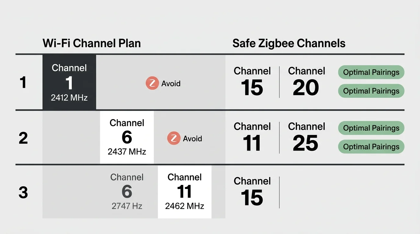 Table mapping Wi-Fi Channel Plans 1, 6, and 11 to safe Zigbee channels like 11, 15, 20, and 25 with optimal pairing tags.