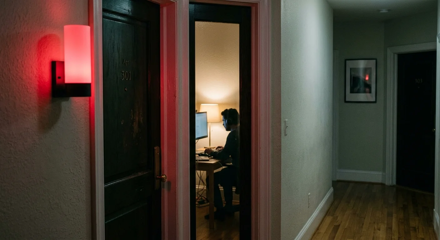 A hallway with a glowing red wall sconce outside a doorway where a person sits working at a computer desk.