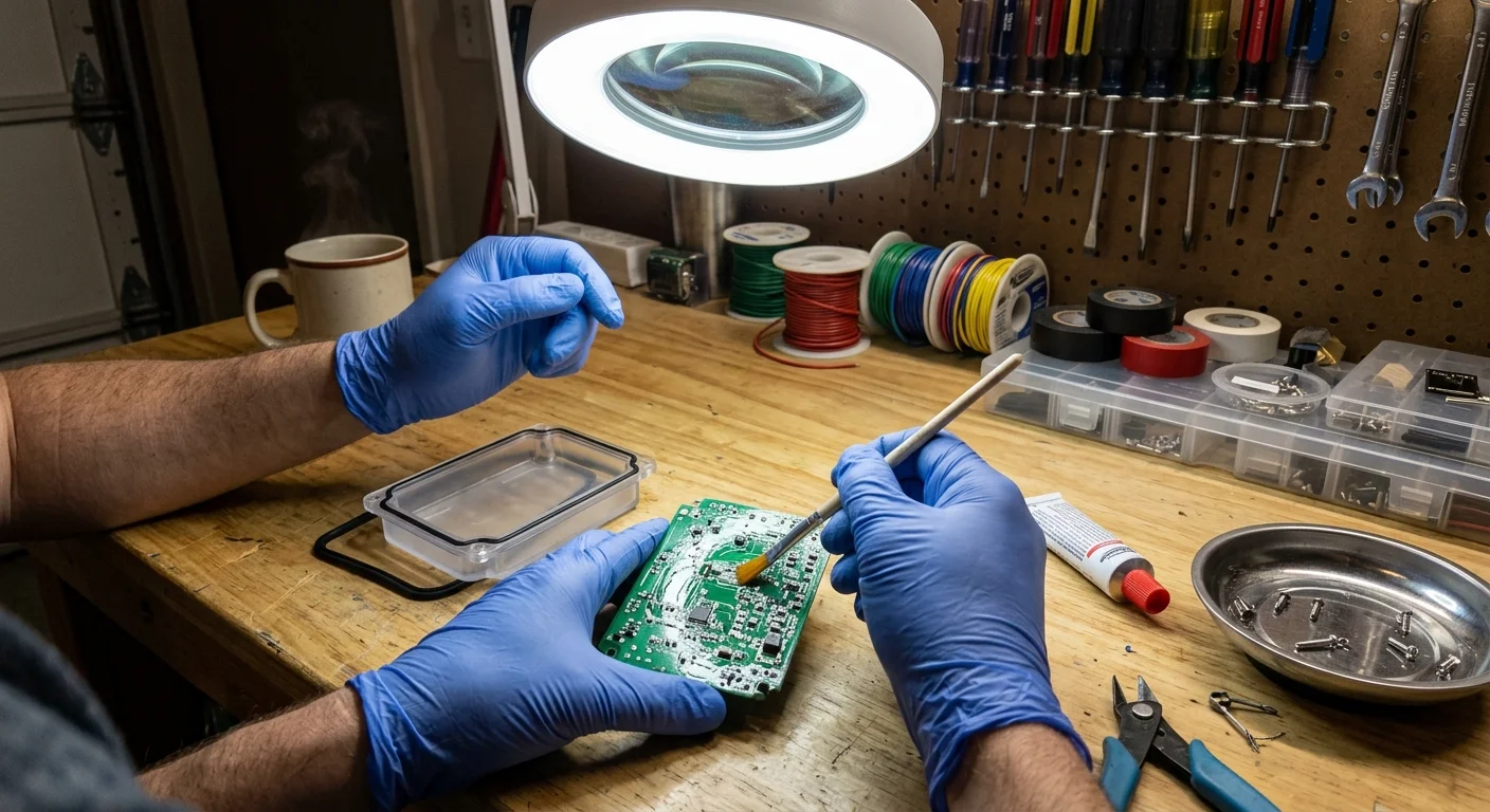Person in blue gloves using a brush to apply coating to a green printed circuit board on a workshop workbench.