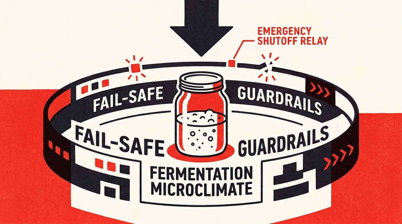 Graphic diagram showing a sourdough jar protected within rings labeled fail-safe guardrails and emergency shutoff relay.
