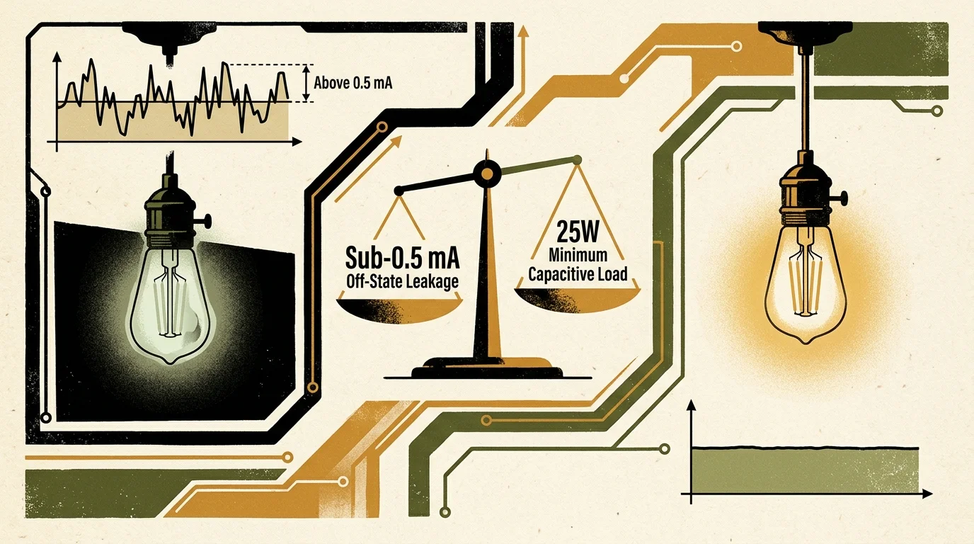Diagram showing lightbulbs, circuit traces, waveform graphs, and a balance scale labeled with current and load specs.