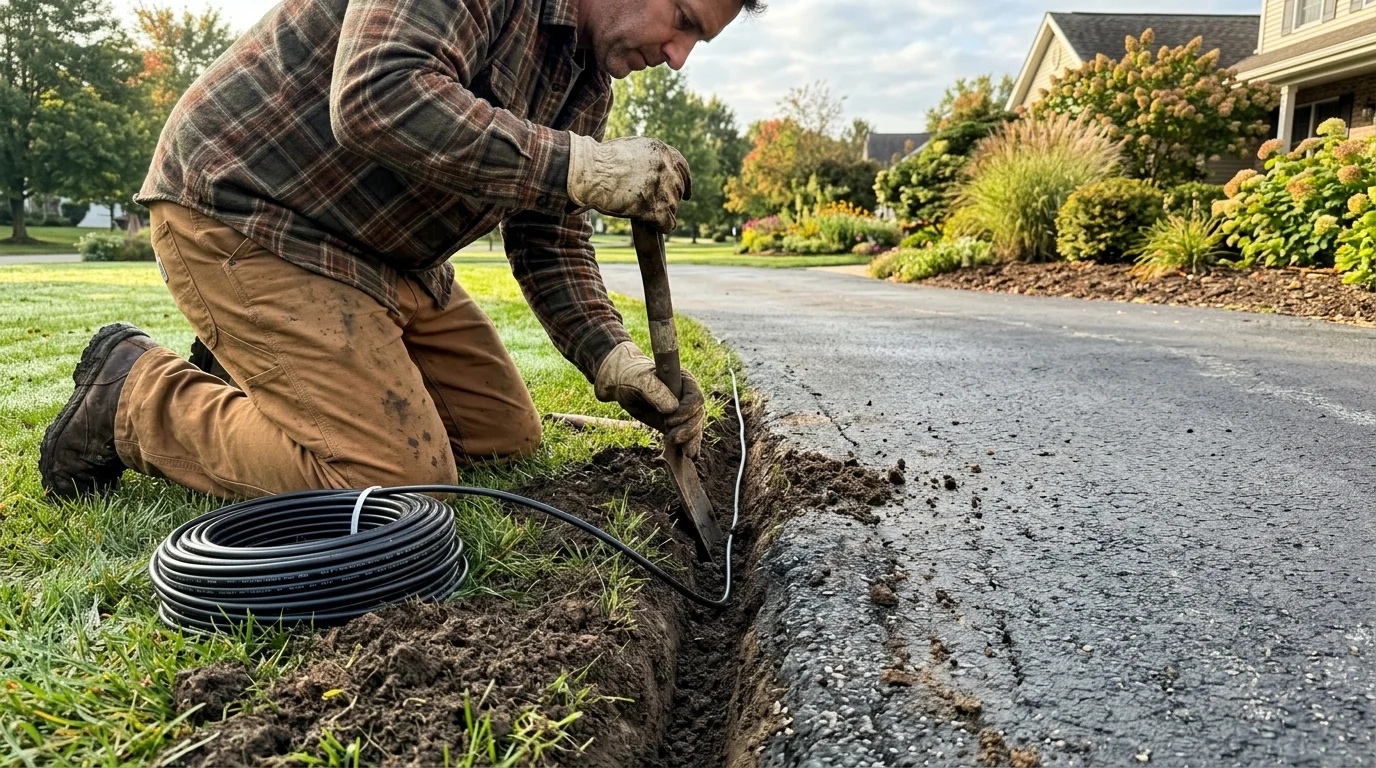A man kneels beside an asphalt driveway, using a hand shovel to tuck black low-voltage cable into a narrow trench in the turf.