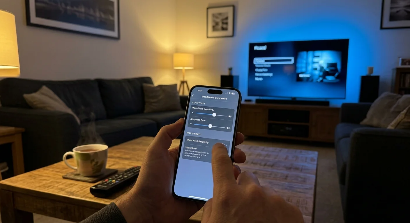 Hands holding a smartphone showing smart home sensitivity settings in a dimly lit living room facing a television.